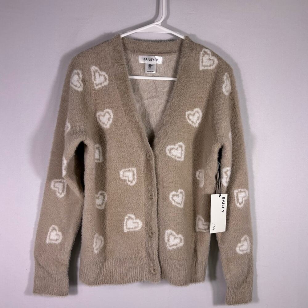 NWT Anthropologie Bailey 44 Fuzzy Tan Heart Pattern Cardigan Size Medium B2